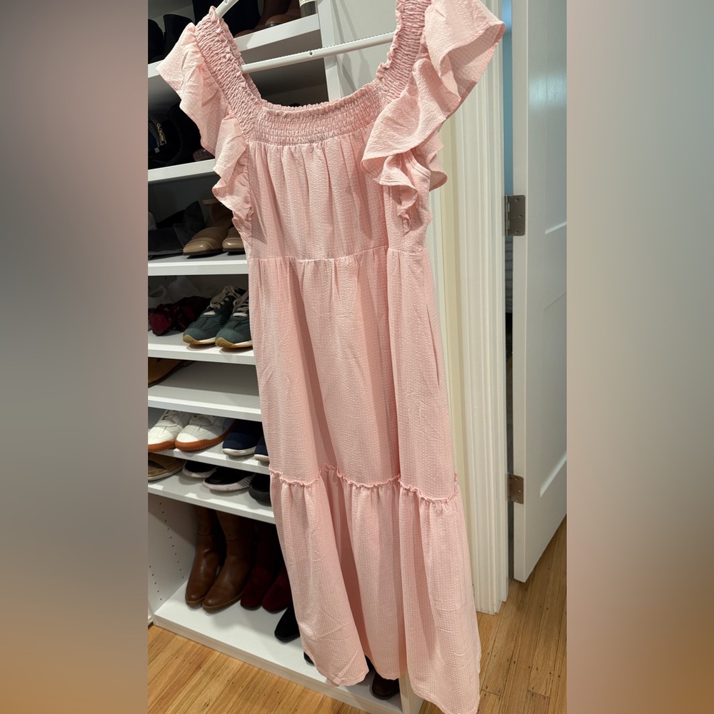 Pink Off-Shoulder Dress w/ Short Ruffled Cap Sleeve - Picture 4 of 7